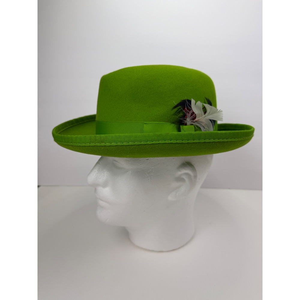 Vintage Capas Designs Lime Green Wool Fedora Hat with Feather Accent Godfather M